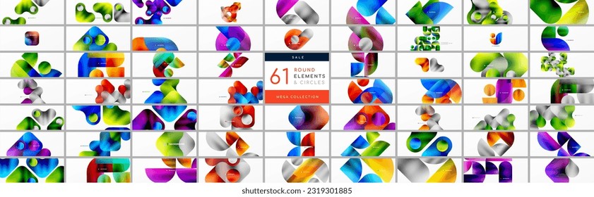 Mega collection of polished metallic round element and circle patterns. Elements bundle for wallpaper, banner, background, landing page, wall art, invitation, prints, posters