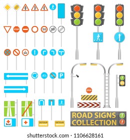 Mega collection of road signs. Road elements with street light, traffic light and signs. Vector illustration