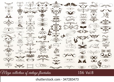 Mega collection or set of filigree drawn flourishes in vintage or retro style