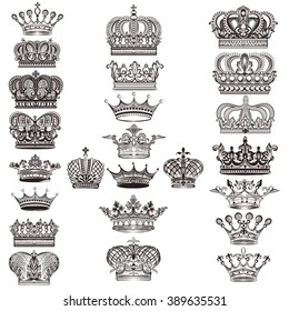 Mega collection or set of vector detailed crowns for design