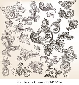 Mega collection or set of vector hand drawn ornaments for design in vintage style