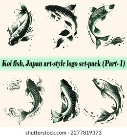 Mega collection set-pack Vector Koi fish Japan art-style logo and icon, Drawing Elegant style