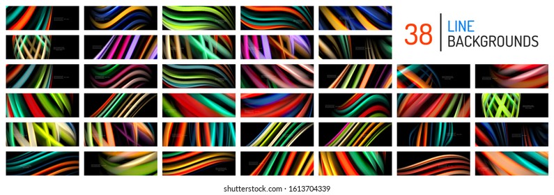 Mega collection of silk and smooth flow wave poster designs. Color waves, liquid style lines and shapes in black color backgrounds. Vector Illustrations For Wallpaper, Banner, Background, Card, Book