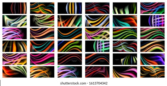 Mega colección de diseños de afiches de seda y oleaje fluido. Olas de color, líneas de estilo líquido y formas en fondo de color negro. Ilustraciones Vectoriales Para Papel De Fondo De Pantalla, Cartel, Fondo, Tarjeta, Libro