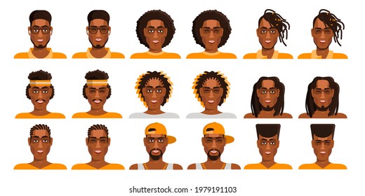 Mega colección de sonrientes avatares afro estadounidenses. Ilustración vectorial.