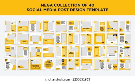 Mega collection social media post template set. Black and yellow background color with stripe line shape.