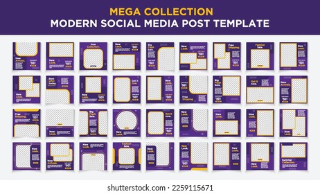 Mega collection social media post template set. blue background color with stripe line shape.