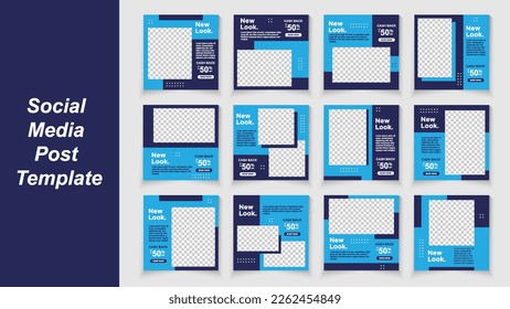 Mega collection social media post template set. blue background color with stripe line shape.