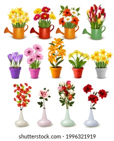 Mega collection of spring and summer colorful flowers in pots,  watering cans and vases. Vector