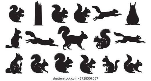 Mega collection of squirrel silhouettes in various poses, set of black rodent icons including running, jumping, sitting, and eating squirrels, wild animal elements for nature and forest design..eps
