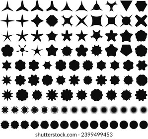 Mega-Sammlung von Sternen Form. Y2k Design-Element, geometrische futuristische Form. Preisschilder, Verkaufsaufkleber, Starburst, Werbemarken. Vektorgrafik