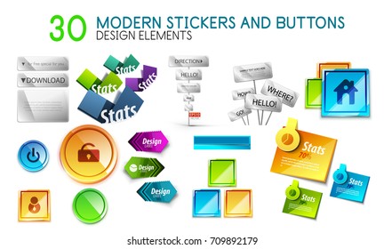 Mega collection of stickers and buttons. Colorful abstract design elements, download buttons and sticky labels