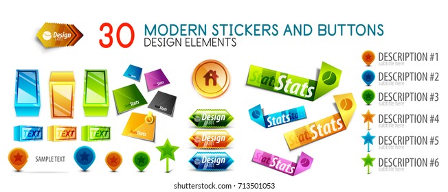 Mega collection of stickers and buttons. Colorful abstract design elements, download buttons and sticky labels