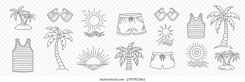 Mega colección de la playa de verano y la línea de vacaciones conjunto de iconos: símbolos de contorno editables de palmeras, sol, gafas de sol, traje de baño, pantalones cortos y olas