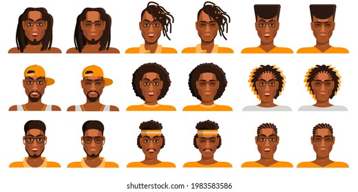 Mega collection of surprised and satisfied black afro American men avatars. Vector illustration.