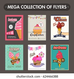 Mega collection of Sweet Food flyers, template, or price card design with illustration of delicious ice cream and cupcake.