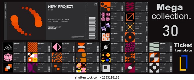 Mega collection.
Ticket vector template layout with abstract  vector geometric shapes. Brutalism inspired graphics. Great for branding presentation, poster, cover, art, tickets, prints, etc.