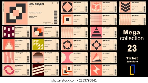 Mega collection.
Ticket vector templates layouts with abstract vector geometric shapes. Brutalist inspired graphics. Great for branding presentation, poster, cover, art, tickets, prints, etc.