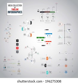 Mega Collection of Timeline Infographics objects. A lot of different templates ready to display your data. Vector