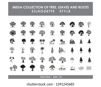 Mega collection of tree, leaf and roots, with silhouette style, the icons of black and white color.