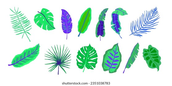 Mega collection of tropical leaves in neon colors. Tropical leaves Clipart on white
