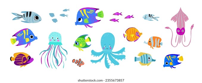 Mega colección de peces y animales submarinos. Pescado colorido, pulpo, calamares, personajes de medusas para niños libro de imágenes o libro de actividades. Juego de animales submarinos sin agua