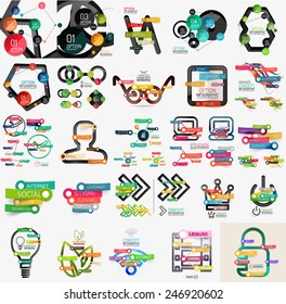 Mega-Kollektion verschiedener Web-Infografiken, Web-Symbole und Wörter auf bunten Aufklebern