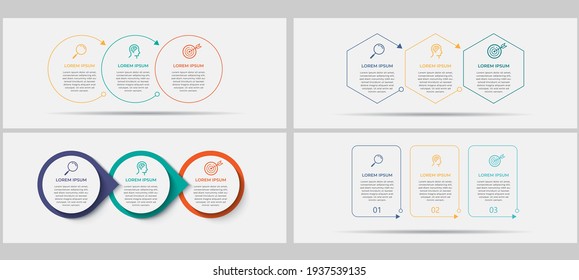 Mega collection Vector Business Infographics set bundle with 3 options or steps. Business concept. Can be used for presentations banner, workflow layout, process diagram, flow chart, info graph
