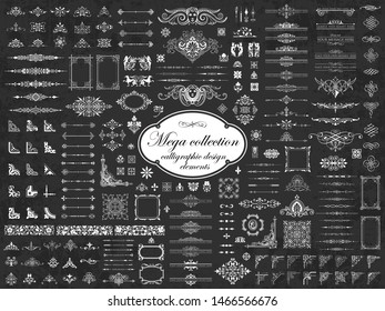 Mega collection of vector calligraphic design elements on chalkboard background