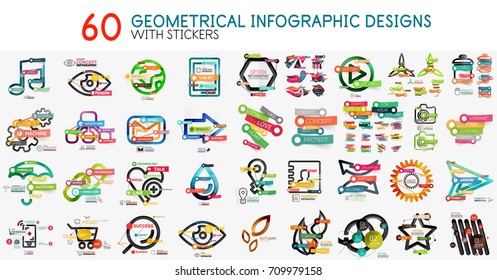 Mega collection of vector digital infographics diagram template with stickers. Option info banners for business presentation or web site design interface. Colorful geometric illustration