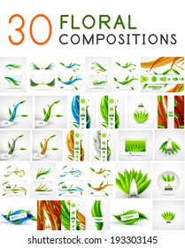 Mega collection of vector green leaf compositions, wave line backgrounds