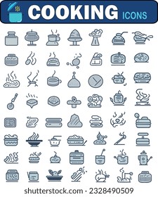 Mega Cooking icon line art collection. Boiling time, Frying pan and Kitchen utensils. Fork, spoon and knife line icons. Recipe book, chef hat and cutting board. Cooking book.