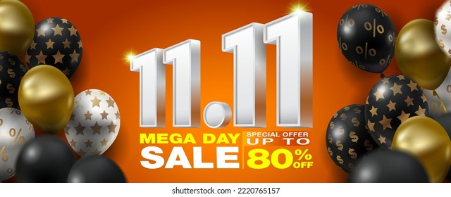 Mega Day 11.11. November Special Sale Festival realistic gold, white and black balloons 11.11 3D number design and symbols, dollar, percent, star gold pattern on balloons. yellow orange background.