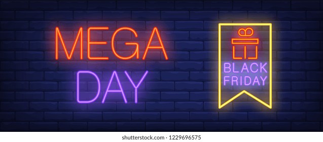 Mega day, black Friday neon text with gift box. Offer and sale advertisement design. Night bright neon sign, colorful billboard, light banner. Vector illustration in neon style.