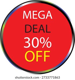 Mega Deal % Rabatt Red Round Sale Badge Symbol Big Discount Angebot Promotion Aufkleber einzeln auf weißem Hintergrund für E-Commerce, Retail Marketing und Werbedesign