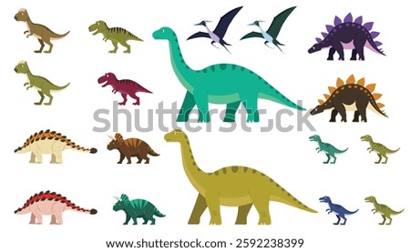 Mega Dinosaurs collection with Color Variant in Flat Style, Isolated on white Background