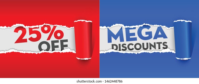 Mega Discount 25% OFF paper ripping vector sign. Page torn effect for Sales