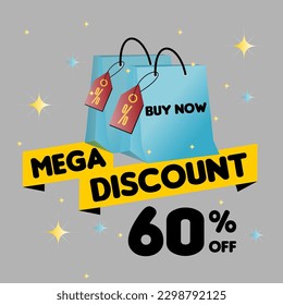 Mega descuento, 60% de descuento. Ofrecer un 60% de descuento para el comercio electrónico o los medios sociales. Con bolsa azul 3D y etiqueta de descuento. Anuncio de descuento. Font Insaniburger