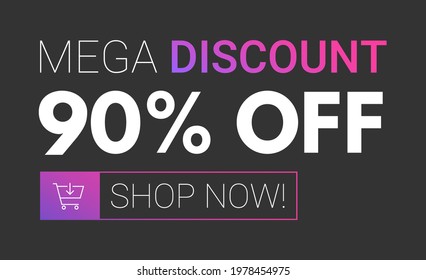 mega discount 90 percent off banner isolated on black background. purple gradient promo advertising illustration for your business