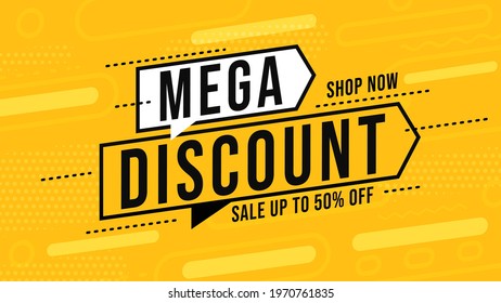 Mega discount banner with up to 50 percent price off. Sale poster offer to shop now. Clearance closeout material layout for business promotion campaign, online store marketplace. Vector illustration