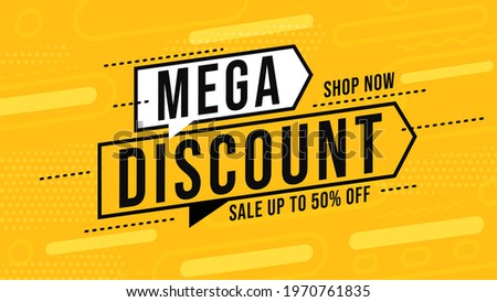 Mega discount banner with up to 50 percent price off. Sale poster offer to shop now. Clearance closeout material layout for business promotion campaign, online store marketplace. Vector illustration