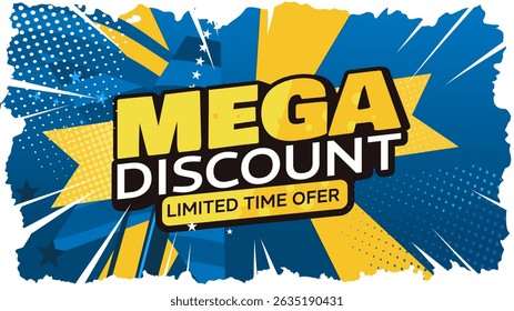 mega desconto — banner colorido, fundo, modelo — ilustração vetorial
