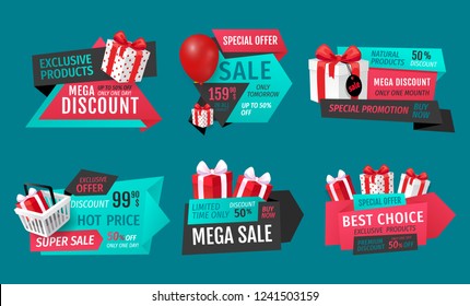 Mega discount, exclusive product on sale banners set vector. Presents in shopping basket, inflatable balloon bought on special shop offer proposition