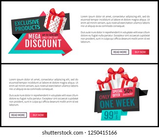 Mega discount and exclusive products web pages vector. Only one week, special offer with 50 percent reduction of price. Half of cost lower, presents