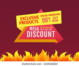 Mega discount up to half price off special promotion 99.99 on exclusive products vector illustration promo poster with burning flame and fire signs