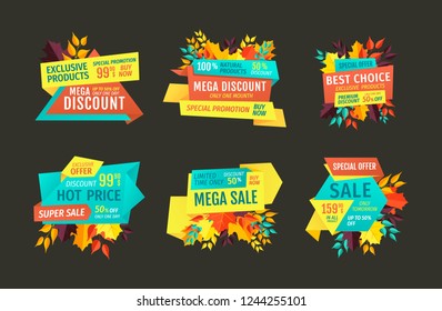 Mega discount hot price set promotion in autumn. Shopping on reduced price autumnal proposition. Natural products super sale retail sellout vector