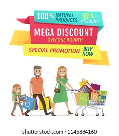 Mega discount for natural products to buy now vector banner. Special promotion for customers. Smiling family with shopping bags in trolley and hands.