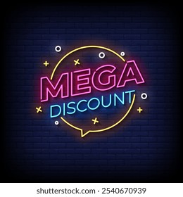 mega desconto neon sinal vetor com fundo de parede de tijolo