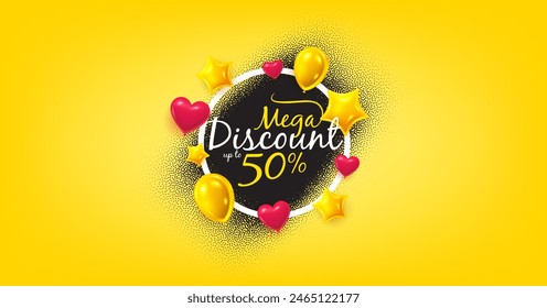 Mega discount offer frame with balloons. Sale discount offer label. Black grain noise spray banner with border. Paint ink grain dotted spray. Frame badge with heart balloons. Vector