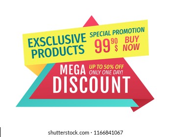 Mega discount only one day vector promo poster. Special promotion and exclusive products to buy now shop bargain sale advertisement banner.